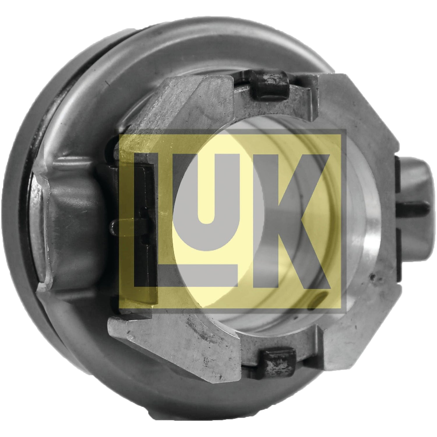 The LUK Clutch Release Bearing - S.146341 by Sparex is a metal automotive part in a cylindrical shape with various edges, showcasing a yellow logo that reads "LUK" at the center. This clutch release bearing is engineered for optimal performance.