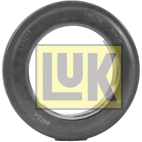 Close-up of a round mechanical component with "LUK" branding, marked with "795/16," "22.06.16," "LORETT," and "BREDA" inscriptions—revealing the crucial part LUK Clutch Release Bearing - S.146342 from Sparex, commonly used in International Harvester machinery.