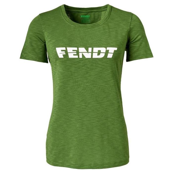 The Fendt Ladies Functional T-Shirt (X99102001C) by AGCO is a green, short-sleeved top that features "FENDT" in large white letters across the chest. Crafted from moisture-wicking, 2-way stretch material, it guarantees comfort and flexibility throughout the day.