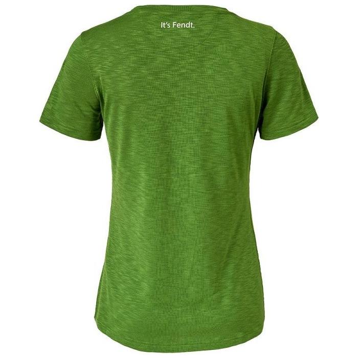 Viewed from the back, the AGCO Fendt Ladies Functional T-shirt (X99102001C) in green features "It's Fendt." printed near the neckline. Made with moisture-wicking fabric for all-day comfort.