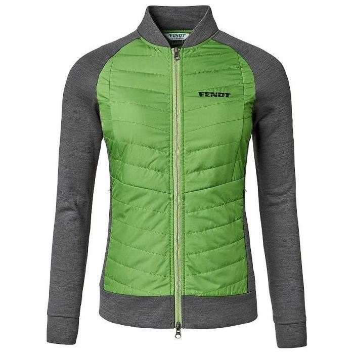 A stylish Fendt - Ladies Hybrid Jacket (X99102003C) from AGCO in green and gray, featuring a front zipper and "Fendt" text on the chest, crafted for durability.