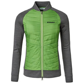 A stylish Fendt - Ladies Hybrid Jacket (X99102003C) from AGCO in green and gray, featuring a front zipper and "Fendt" text on the chest, crafted for durability.
