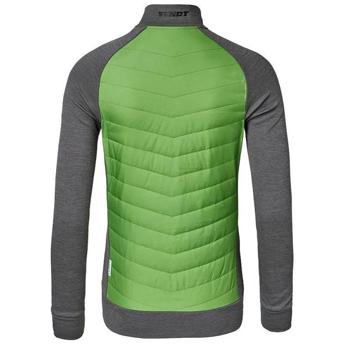 The AGCO Fendt - Ladies Hybrid Jacket (X99102003C), featuring a green and gray long-sleeve design with a stylish quilted back panel, is viewed from the rear.