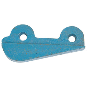 A Landside Heel - LH (Ransome) from Sparex, featuring a durable blue metal bracket with two holes and showing signs of wear, could be an essential component for Ransome machinery or other equipment that demands reliable fasteners.