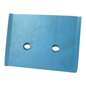 A blue rectangular metal plate with two hexagonal holes in the center, ideal for use with Sparex and Overum fasteners. This product is called "Landside Heel - RH & LH (Overum)," designed to fit as 94289, and can be found under Sparex Part No. S.127507.