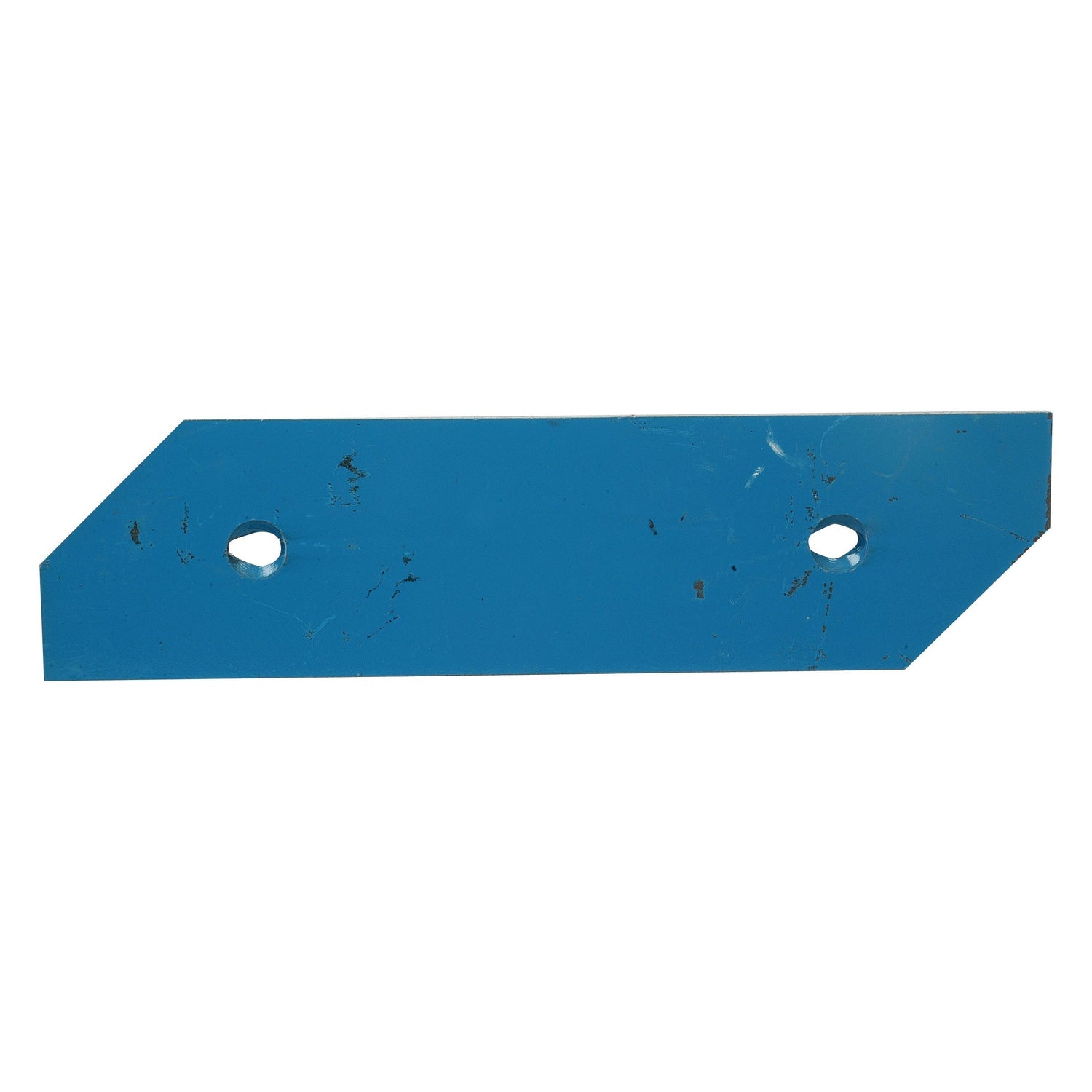 A blue rectangular metal plate with two holes and a diagonally cut edge on the left, suitable for Sparex fasteners, called Landside - RH (Ransomes) - S.127736 by Sparex.