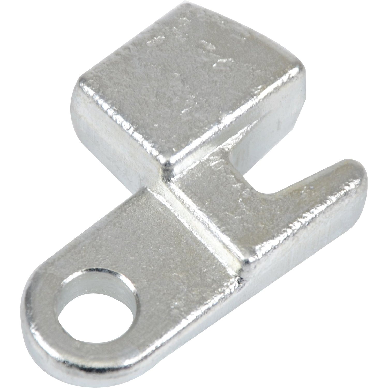 This metallic, L-shaped bracket with a circular hole at one end and a square protrusion at the other is ideal for use as a Fiat latch in heavy machinery accessories. It is known as the Latch | Sparex Part No. S.108355 from the brand Sparex.