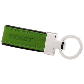 A green cowhide leather keychain from AGCO, featuring "Fendt" embossed, with a silver metal key ring and clasp (Product Name: Fendt - Leather Keyring - X991017181000).