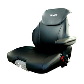 A black padded leatherette seat cover labeled "Fendt" by AGCO, featuring armrests, a headrest, and an adjustable cushion for enhanced comfort. 

Product Name: Fendt - Leatherette Seat Cover - X991450020000