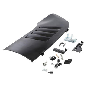 A Massey Ferguson left hand panel kit (model 4298553M13) by AGCO, displayed alongside various mounting hardware and brackets, including part 4285904M1, all meticulously laid out on a white background.