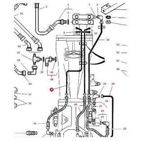 Diagram illustrating the various mechanical components and connections of a hydraulic system, labeled with numbers and letters. It includes hoses, fittings, and valves positioned around a central assembly. Specifically designed for Model MF Massey Ferguson tractors, it provides detailed insights for both 2WD and 4WD configurations. The product showcased is the AGCO Massey Ferguson - Left Hand Tubing - 3715867M1.