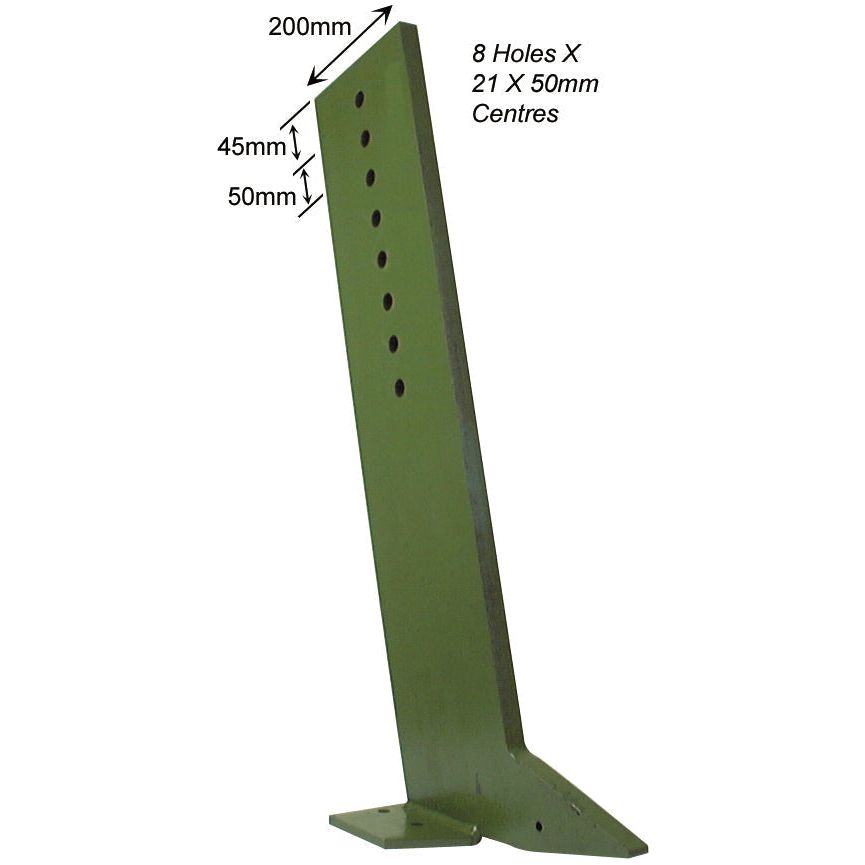 The Sparex Leg, product no. S.78305, is a green metal bracket designed to replace the leg on Cousins 1400-588 machinery. It features dimensions of 200mm top length, 50mm bottom length, and 45mm width, with eight equidistant holes drilled at 50mm center intervals along the vertical section for easy installation.