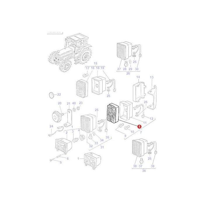 Exploded diagram of a 100 Series Massey Ferguson tractor with numbered parts. Specific focus on the radiator components and associated hardware, including the Massey Ferguson Lens Front L/H or R/H - 1424346M1 by AGCO.