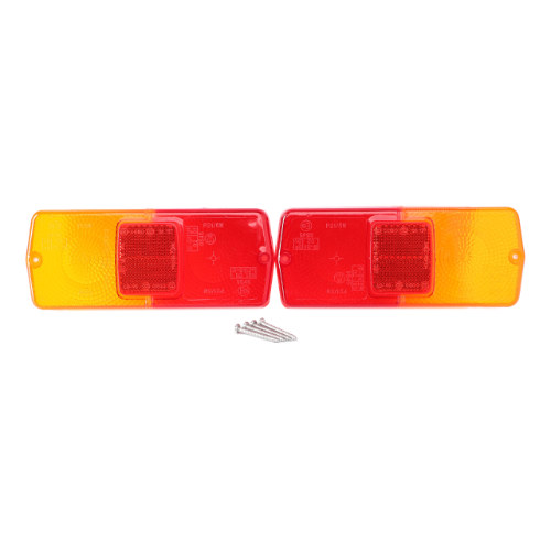 Two red and amber AGCO Lens Rear rectangular vehicle tail lights, model 3310307M91, with four screws placed between them on a white background, reminiscent of the classic designs seen in Ford New Holland and Massey Ferguson models.