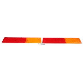 Two rectangular reflector lights, one red and one orange, placed side by side with a small screw between them, reminiscent of the Massey Ferguson - Lens Rear R/H - 1426609M1 design from AGCO seen on the Massey Ferguson 600 Series.