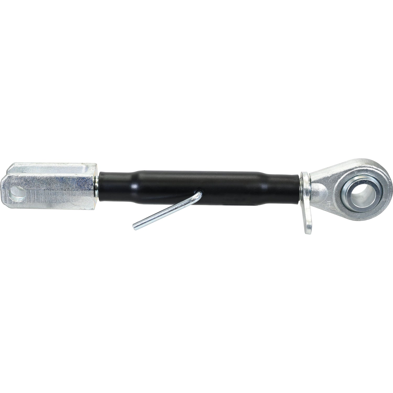 Image of a Sparex Levelling Box Assembly - Ball Ø 40mm- Fork Hole Ø 26x75mm - Min. Length: 565mm - M40x3 Metric (Part No. S.29160) in black with silver fittings, featuring a threaded eye bolt on one end and a clevis pin on the other end. The assembly's robust design ensures secure connections for Case IH equipment.