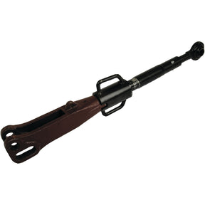 The Levelling Box Assembly by Sparex (Part No. S.67634) features a metal rod with adjustable segments and mounting points at both ends, including a ball of Ø 25mm and a fork hole of Ø 26 & 25x61mm, with a minimum length of 730mm and M32x3 metric compatibility, suitable for Fiat M115 parts.