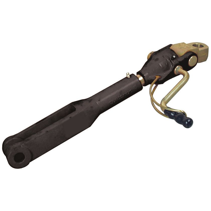 Introducing the Levelling Box Assembly by Sparex (Part No. S.14876), a robust metal hydraulic component featuring a knuckle bore of Ø 16mm, fork hole of Ø 19mm, and a minimum length of 445mm. It showcases a black body with brass-colored end fittings and integrated hoses for enhanced functionality.