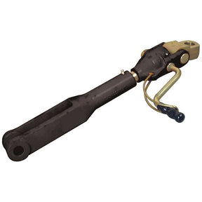 Introducing the Levelling Box Assembly by Sparex (Part No. S.14876), a robust metal hydraulic component featuring a knuckle bore of Ø 16mm, fork hole of Ø 19mm, and a minimum length of 445mm. It showcases a black body with brass-colored end fittings and integrated hoses for enhanced functionality.