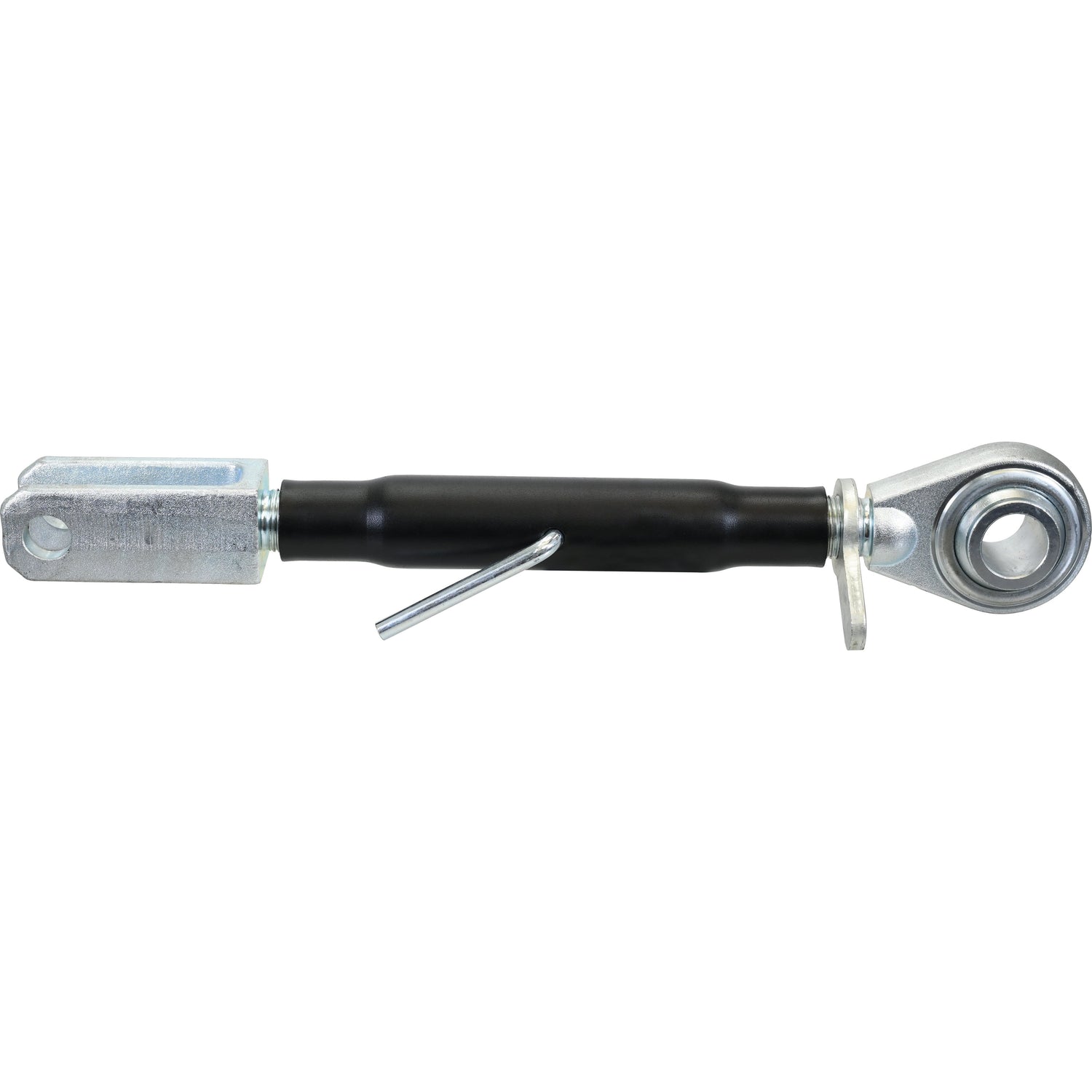 The Sparex Levelling Box Assembly (Part No. S.29161) features a cylindrical black center, a bolt attachment point on the left, and a spherical joint on the right, secured by a pin in the middle. It includes a ball with a 40mm diameter and a fork hole of 28mm diameter, with a minimum length of 565mm and M40x3 metric threading. This assembly is compatible with Case IH and International Harvester models.