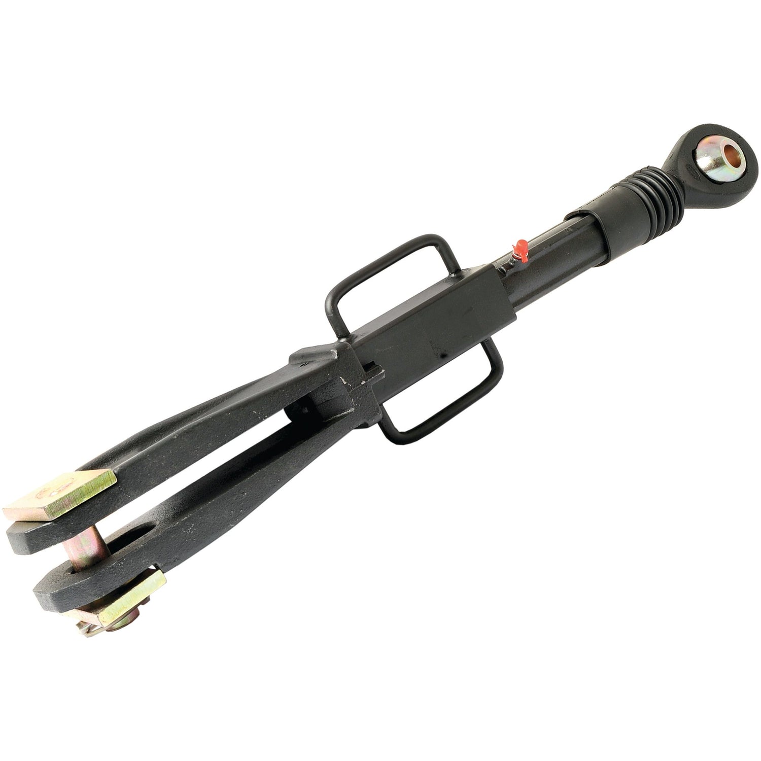 Image of a black Sparex Levelling Box Assembly (Part No. S.44062) for tractors, featuring a ball end with a diameter of 22mm and a clevis end with dimensions 22x60mm, an adjustable range starting from 677mm, and M27x3 Metric threading, suitable for Massey Ferguson models.