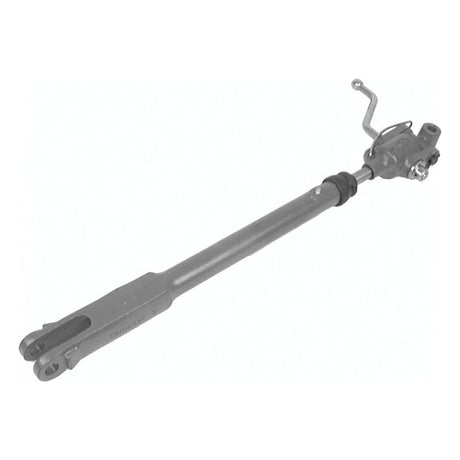 The Sparex Levelling Box Assembly, with a part number of S.48039, is a gray mechanical component featuring a minimum length of 725mm and includes a long cylindrical rod with attachment points, as well as a lever mechanism at one end. The knuckle has a diameter of 16.5mm and the fork hole measures 19mm in diameter.