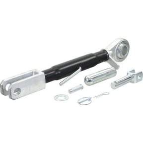 A Sparex Levelling Box Assembly (Part No. S.29160) featuring a black adjustable link end with metal fittings, pins, washers, and clips arranged on a white background highlights the precise 40mm ball size for Case IH machinery.