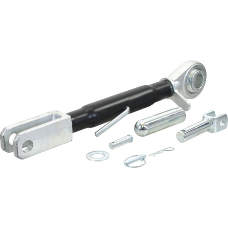 A Sparex Levelling Box Assembly - Ball Ø 40mm- Fork Hole Ø 26x75mm - Min. Length: 565mm - M40x3 Metric, featuring a black hydraulic cylinder with steel mounting brackets, bolts, washers, and pins arranged on a white background highlights its precisely engineered end fittings.