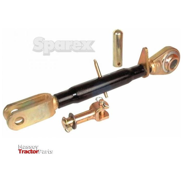 Image of various components of a Sparex Levelling Box Assembly, including a black metal rod with end fittings, bolts, and connectors, compatible with Case IH models. This Levelling Box Assembly has a ball diameter of 40mm, fork hole dimensions of 26x75mm, minimum length of 565mm and utilizes M40x3 metric threads. It is listed under Sparex Part No.S.29160.