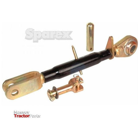 Image of various components of a Sparex Levelling Box Assembly, including a black metal rod with end fittings, bolts, and connectors, compatible with Case IH models. This Levelling Box Assembly has a ball diameter of 40mm, fork hole dimensions of 26x75mm, minimum length of 565mm and utilizes M40x3 metric threads. It is listed under Sparex Part No.S.29160.