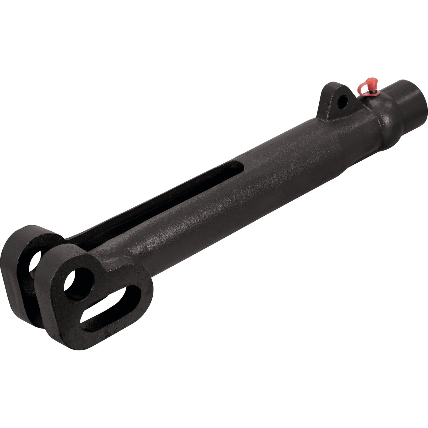 The Levelling Box Fork - 1 1/4 UNC (Sparex Part No. S.17800) from Sparex, a black mechanical component with a cylindrical body, two mounting holes at one end, and a slot along the middle, is often used in Ford New Holland machinery.