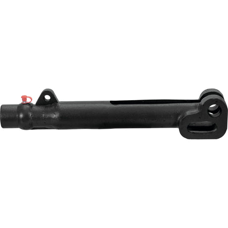Close-up of a black metal mechanical part with two mounting holes, one small hole containing a red plug, and a cylindrical tube extending from one end. This specific component, identified as Levelling Box Fork - 1 1/4 UNC (Sparex Part No. S.17800), is commonly used in Ford New Holland machinery and is part of the Sparex brand.
