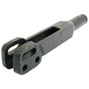 Close-up of a black metal clevis end with a hollow square cross-section and two holes on the flat end, typical for Massey Ferguson machinery. This is the Levelling Box Fork - 1 UNS (Sparex Part No.S.42053) by Sparex, with a length of 440mm and an included fork hole diameter.