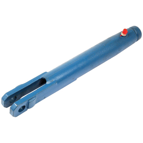 The Levelling Box Fork - 3/4 UNC (Sparex Part No. S.48042), branded by Sparex, features a blue hydraulic cylinder with a U-shaped clevis on one end, and has a red valve on the side, compatible with Ford/New Holland equipment.