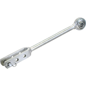 The Levelling Box Assembly from Sparex, Part No. S.70514, features a metal rod with a ball joint of Ø19mm on one end and a clevis with multiple holes of Ø14mm on the other end. Designed for adjustable linkages and mechanical connections, this rod is compatible with Sparex products and ensures precision in your applications with its specific ball width and fork hole dimensions. The minimum length of this assembly is 325mm.
