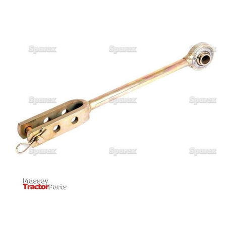 Image of a Levelling Box Assembly with the Sparex logo. The assembly, featuring a meticulously crafted fork hole Ø14mm and compatible with Sparex parts, comprises a metal rod with a slotted end and a ball joint Ø19mm at the opposite end. Sparex Part No.S.70514, Min. Length: 325mm.