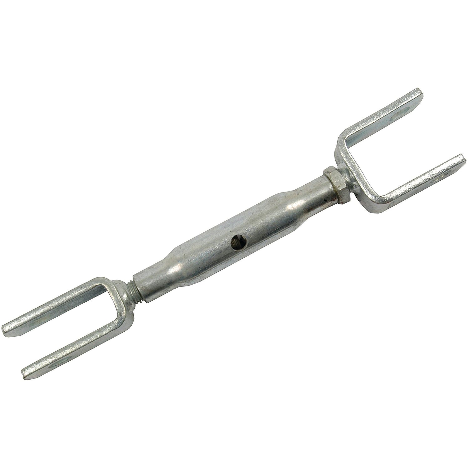 A Levelling Box Assembly from Sparex, Part No. S.70638, featuring dual Fork Holes of Ø 15mm and a minimum length of 265mm with M16x2 metric thread, designed for tensioning and adjusting the length of cables or rods.
