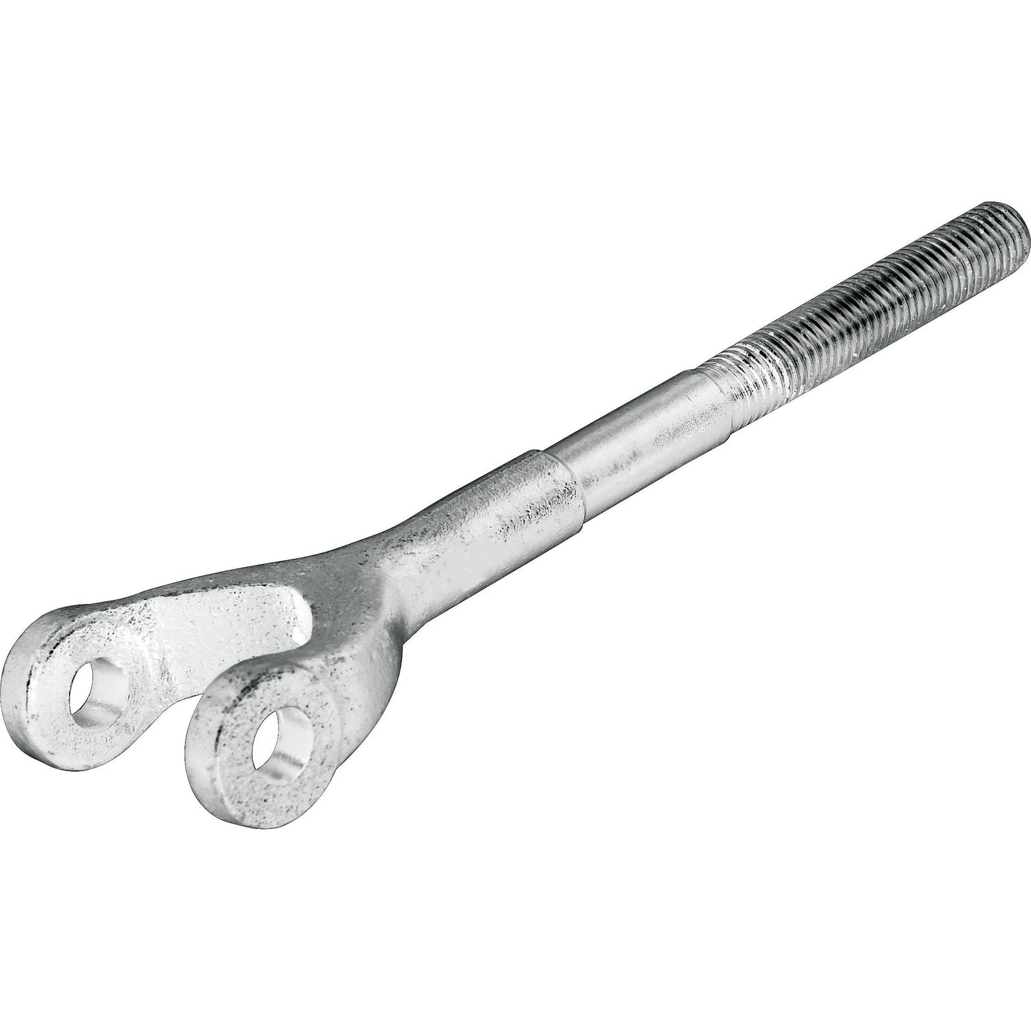 The Levelling Box Yoke - 3/4 UNC (Sparex Part No.S.16020) is a metal turnbuckle yoke featuring a threaded end and two circular openings at the opposite end, making it ideal for Massey Ferguson machinery.