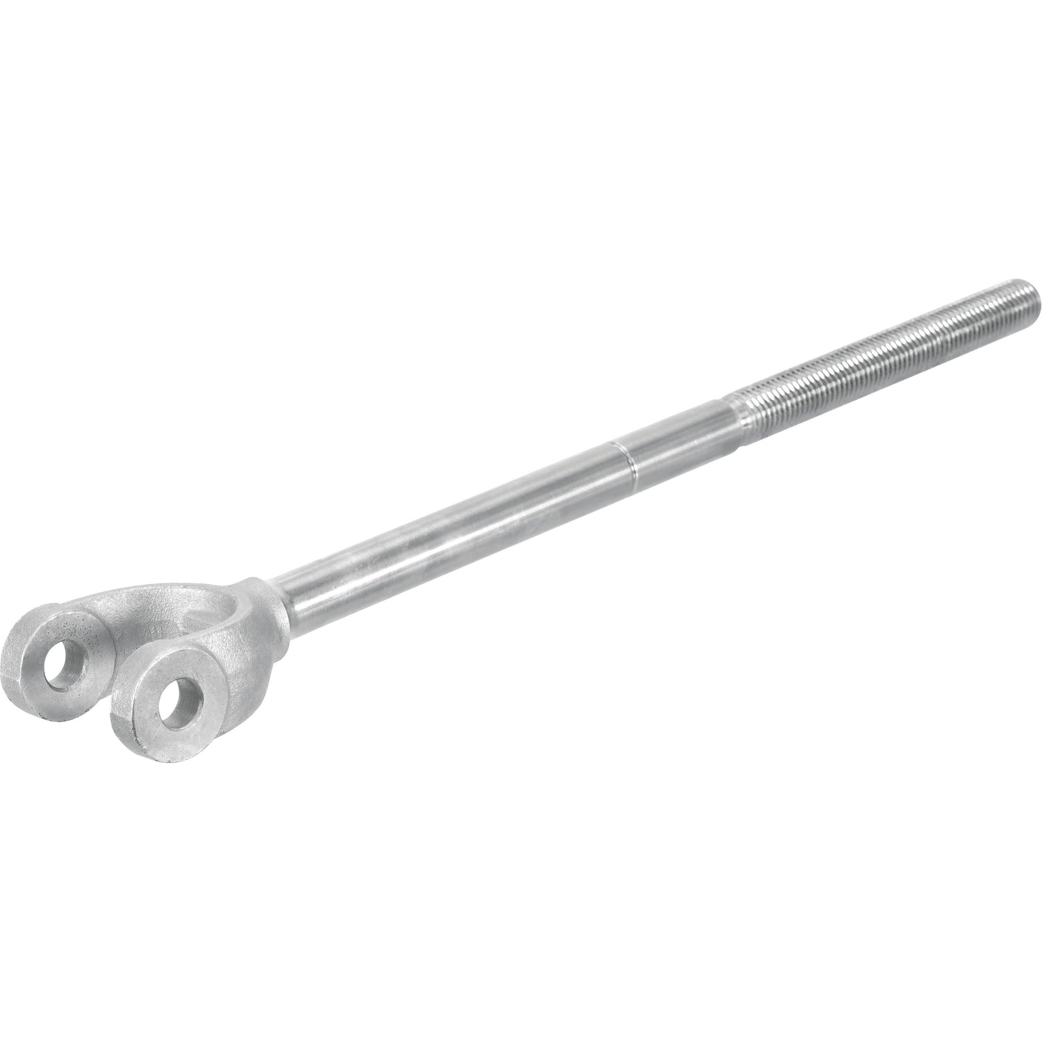 The Levelling Box Yoke - 7/8 UNC (Sparex Part No. S.17400) from Sparex is a steel turnbuckle with an open fork end and threaded rod extension, featuring a specified fork hole diameter, commonly used in rigging and tensioning applications.