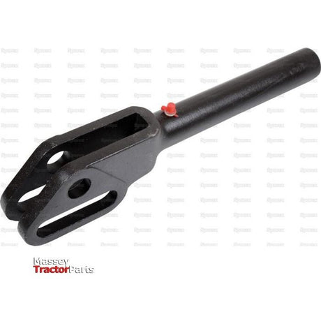 Black metal tractor part with a cylindrical handle and a forked end, featuring a small red component. Branding "Sparex" is visible in the corner, indicating it is the Levelling Box Fork - M27x3 Metric | Sparex Part No.S.108583 and is compatible with Case IH models.
