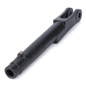 A cylindrical black metal rod with a looped end and a small surface screw, known as the Massey Ferguson - Levelling Rod Fork - 897659M1, is an essential part for the Massey Ferguson 100 Series tractors, manufactured by AGCO.