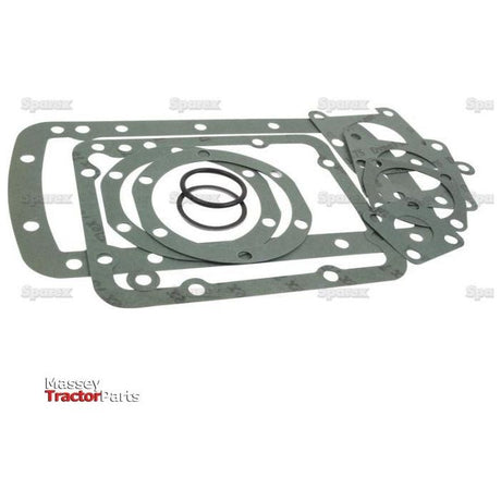 A Lift Cover Repair Kit (Sparex Part No. S.61504) by Sparex, featuring a set of Massey tractor gaskets and O-rings in various sizes and shapes, is arranged on a white background.
