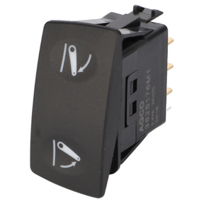 The AGCO Massey Ferguson - Lift Switch - 3825176M1 is a black rocker switch featuring white up and down symbols, ideal for use with Massey Ferguson 4200 Series tractors. It includes three brass connectors on the back.