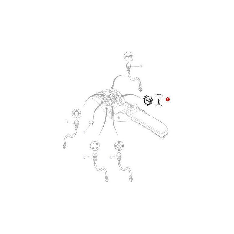 Diagram of a lift switch with labeled components including a cartridge, screws, and various connectors—crafted with the precision you'd expect from an AGCO design. Introducing the Massey Ferguson Lift Switch - 4294420M3.