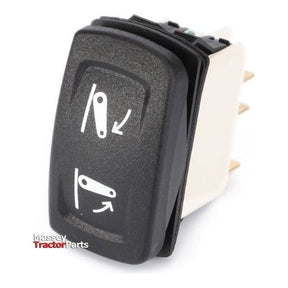 Close-up of a black rocker switch with white graphics indicating up and down movements, designed for use in heavy machinery like NF 4315 tractors. Visible branding: AGCO's Massey Ferguson - Lift Switch - 4295818M1.