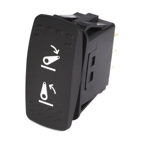 A black rocker switch featuring two white arrows for controlling up and down movement, commonly found in Massey Ferguson 5400 Series tractor parts, is listed as the Massey Ferguson Lift Switch Up/Down (4290447M2) by AGCO.