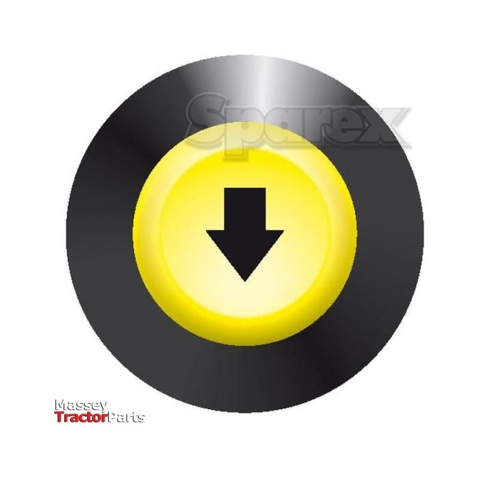 The Lift and Lower Switch (Sparex Part No. S.52836) from Sparex is a circular button with a yellow center featuring a black downward arrow, enclosed by a black outer ring. The logos "Sparex" and "Massey Tractor Parts" are visible, making it ideal for Valmet & Valtra applications.