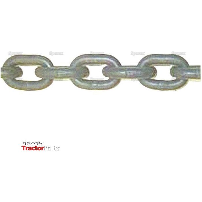A Sparex Lifting Chain (8mm x 21mm, 50m in length) with multiple oval-shaped links, showcasing Grade 80 strength, is displayed over a white background. The text "Massey Tractor Parts" appears in the bottom left corner.