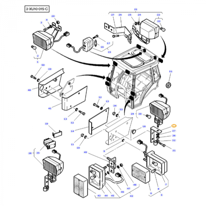 A technical diagram illustrating the components and parts of a Massey Ferguson vehicle's cabin assembly, emphasizing AGCO's light bracket (Product Number: 3808916M1). Each part is meticulously numbered and labeled with corresponding annotations, highlighting the precision akin to the 4300 Series models.