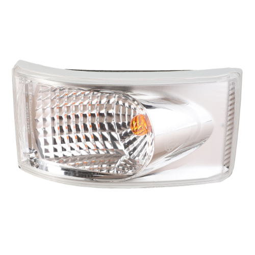 A clear automotive corner light, known as the AGCO Fendt - Light Flasher - G931901020090, featuring a built-in amber indicator bulb and compatibility with various tractor parts and Fendt models.